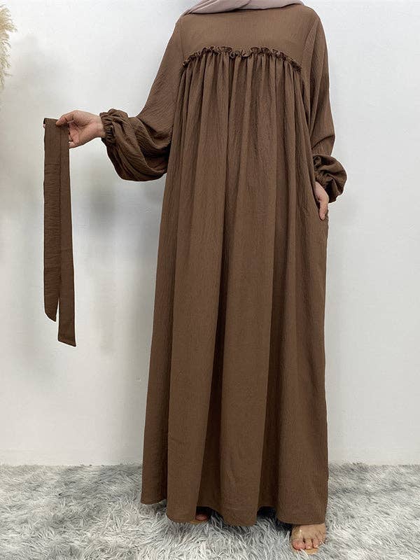 StyleGalX - Wholesale Jurk - Dames - Elasticiteit met lange mouwen en bisschopmouwen, geplooide, effen kleur, gespleten taille, ronde hals, maxi-jurken6