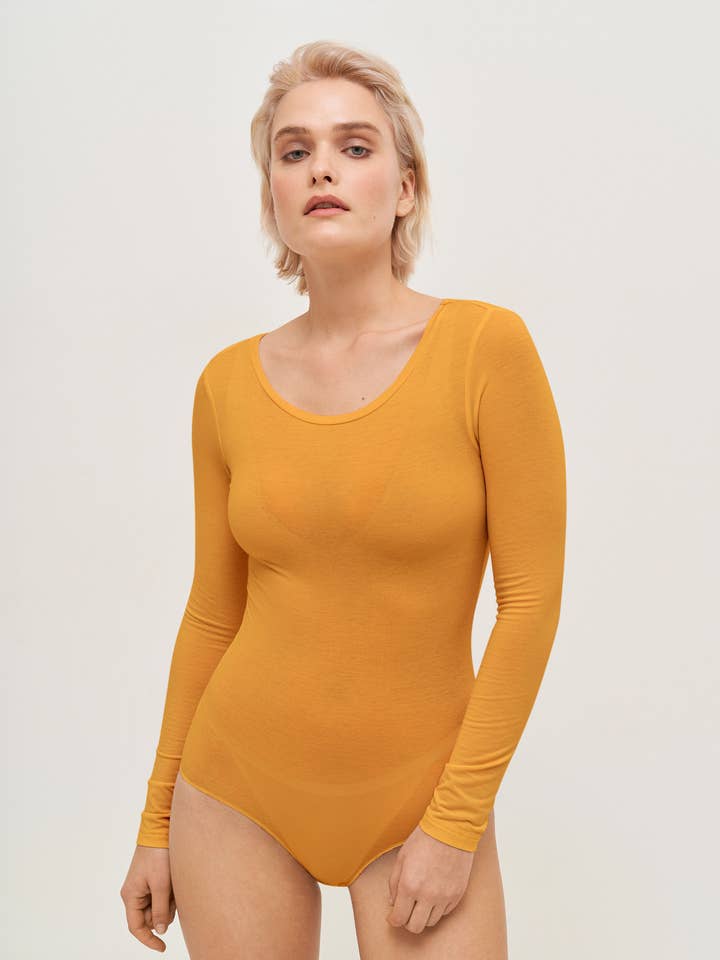 Women's Long Sleeve Bodysuit Spicy Yellow for wholesale by linenease