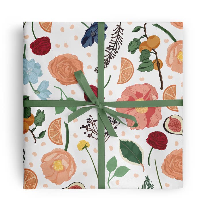 Wildwood Paper - Wholesale Flat wrap - Bramble - White Floral Fruit Pattern Luxury Gift Wrap Sheet0