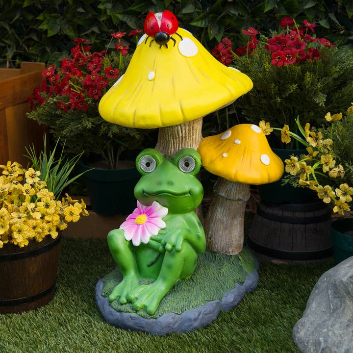 Alpine Corporation - Wholesale Outdoor Ornament/Decor - Alpine Corporation Solar Frog Relaxing Under Mushroom Statue