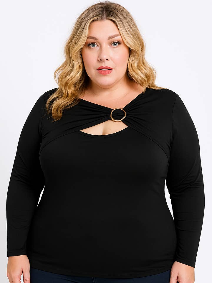 Plus Women long sleeve gold trim Peekaboo Holiday Top for wholesale by Story Teller