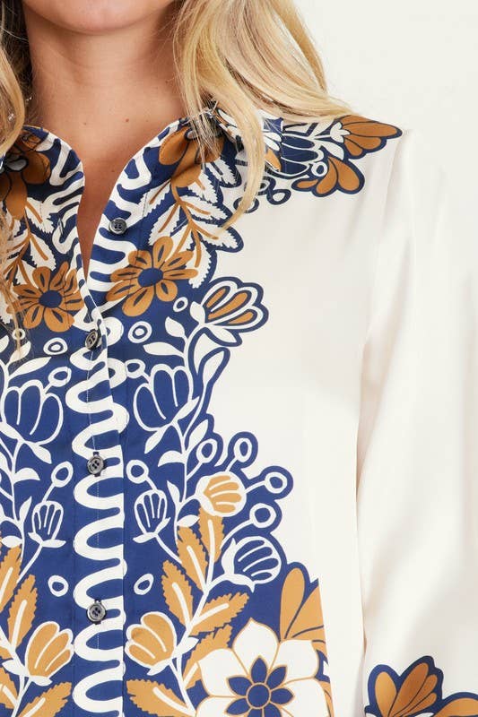 Senap-Navy Tryckt blus med kantmönster och långa ärmar med knappar för wholesale på Faire6