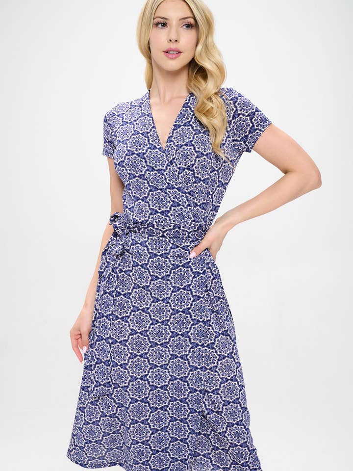 Made in USA Print V neck Jersey Dress with Tie for wholesale by Renee C.