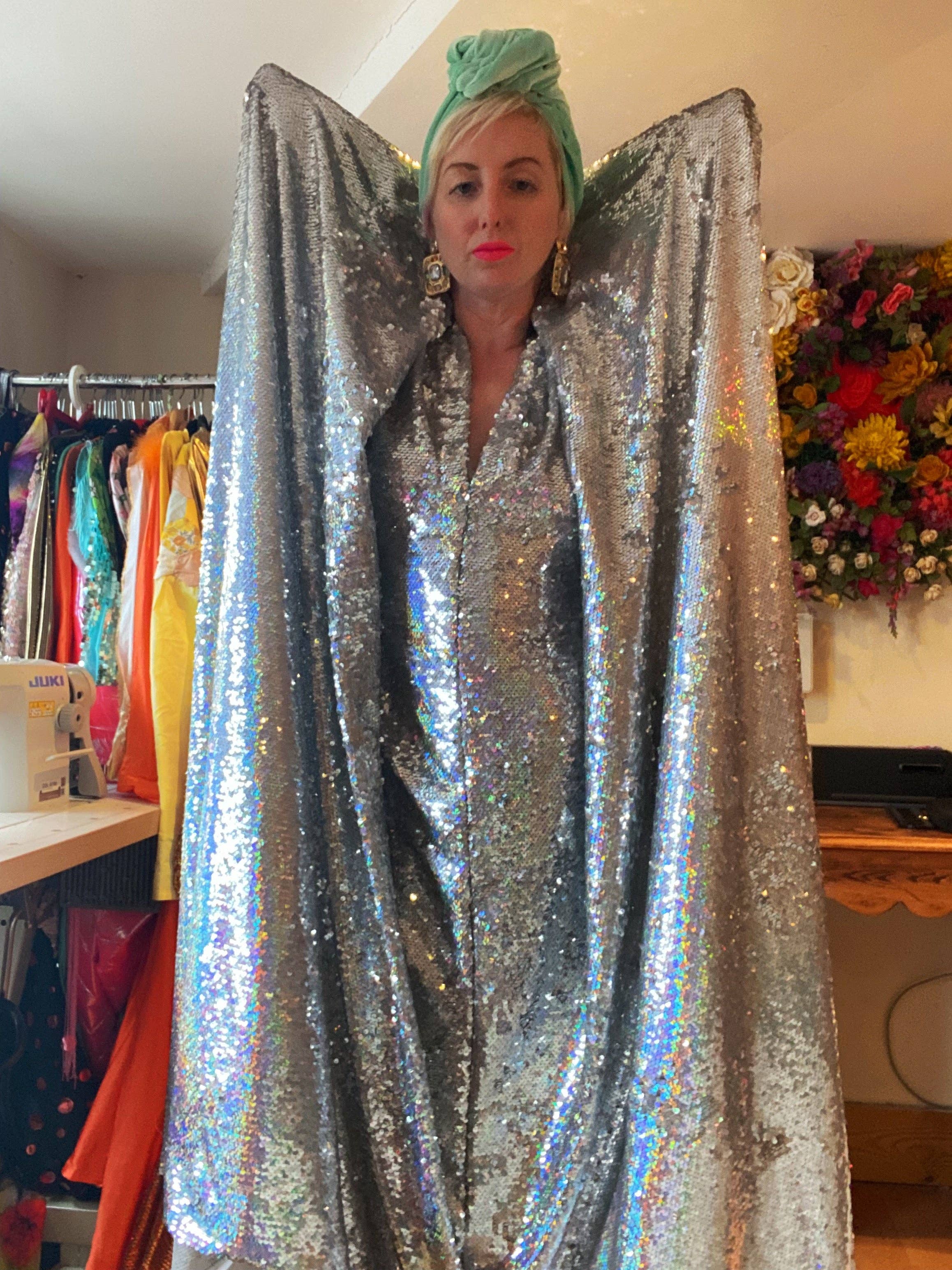 Fumbalinas – wholesale Kaftan – Women's – Silver Metallic Holographic/  Sequin Kaftan Gown / Dress25