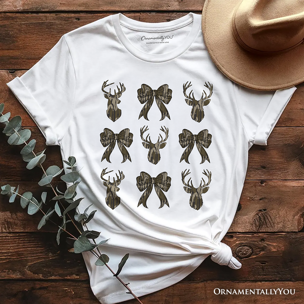 OrnamentallyYou – wholesale Screen printed t-shirt – Women′s – Coquette Deer Hunt T-Shirt, Camo Woodland Hunting Tee0