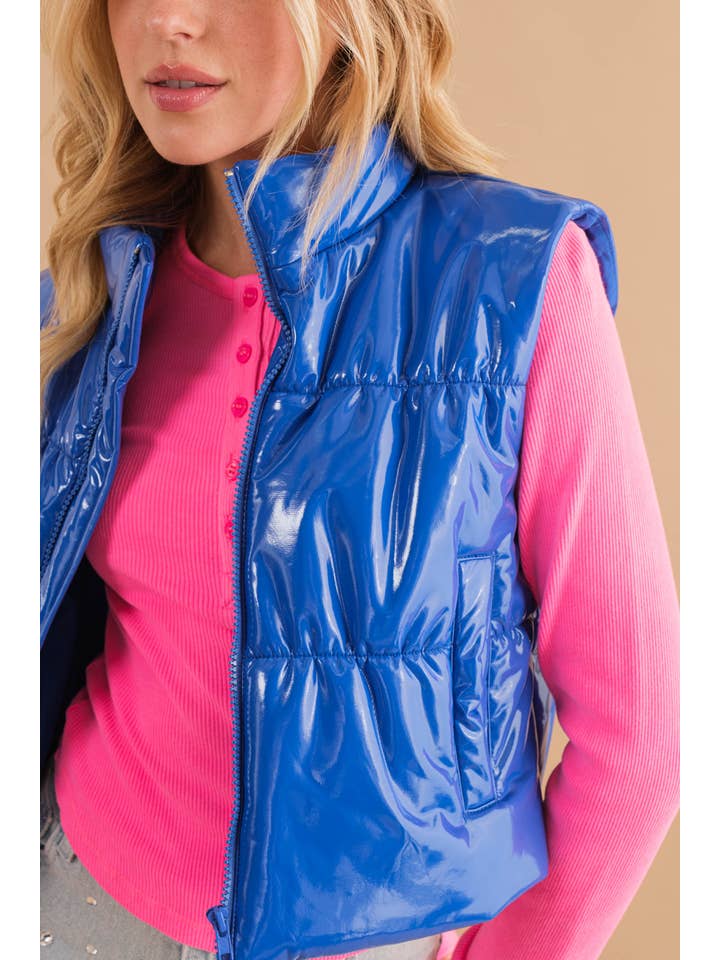 Blue B - Wholesale Outerwear Vest - Women's - 22656J - Gloss Shiny PU Quilted Puffer Zip Up Crop Vest27