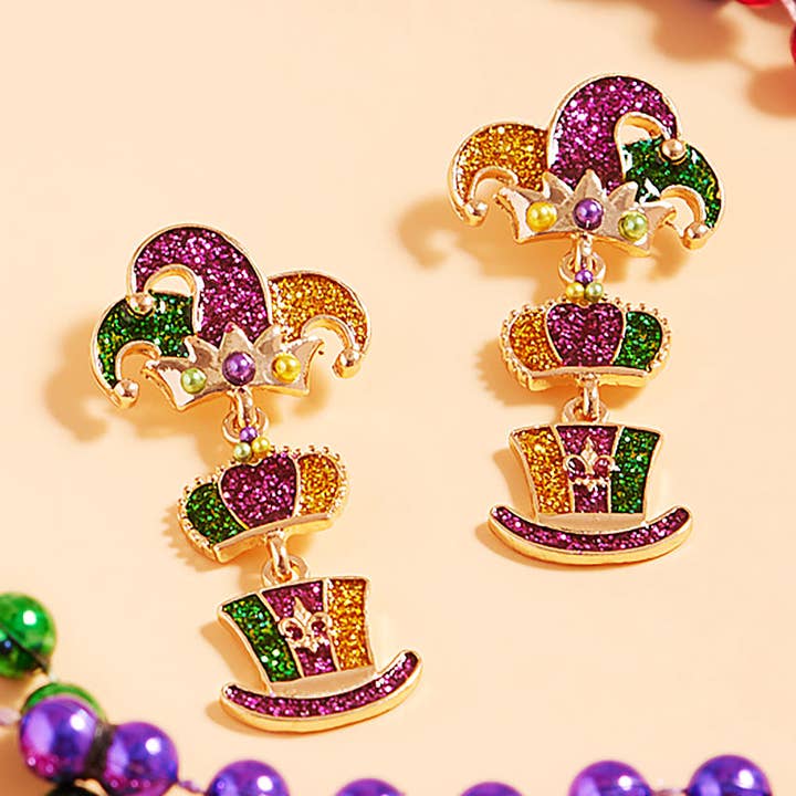 Glittered Enamel Mardi Gras Jester Hat Link Dropdown Dangle Earrings for wholesale by Sensibling Corp.