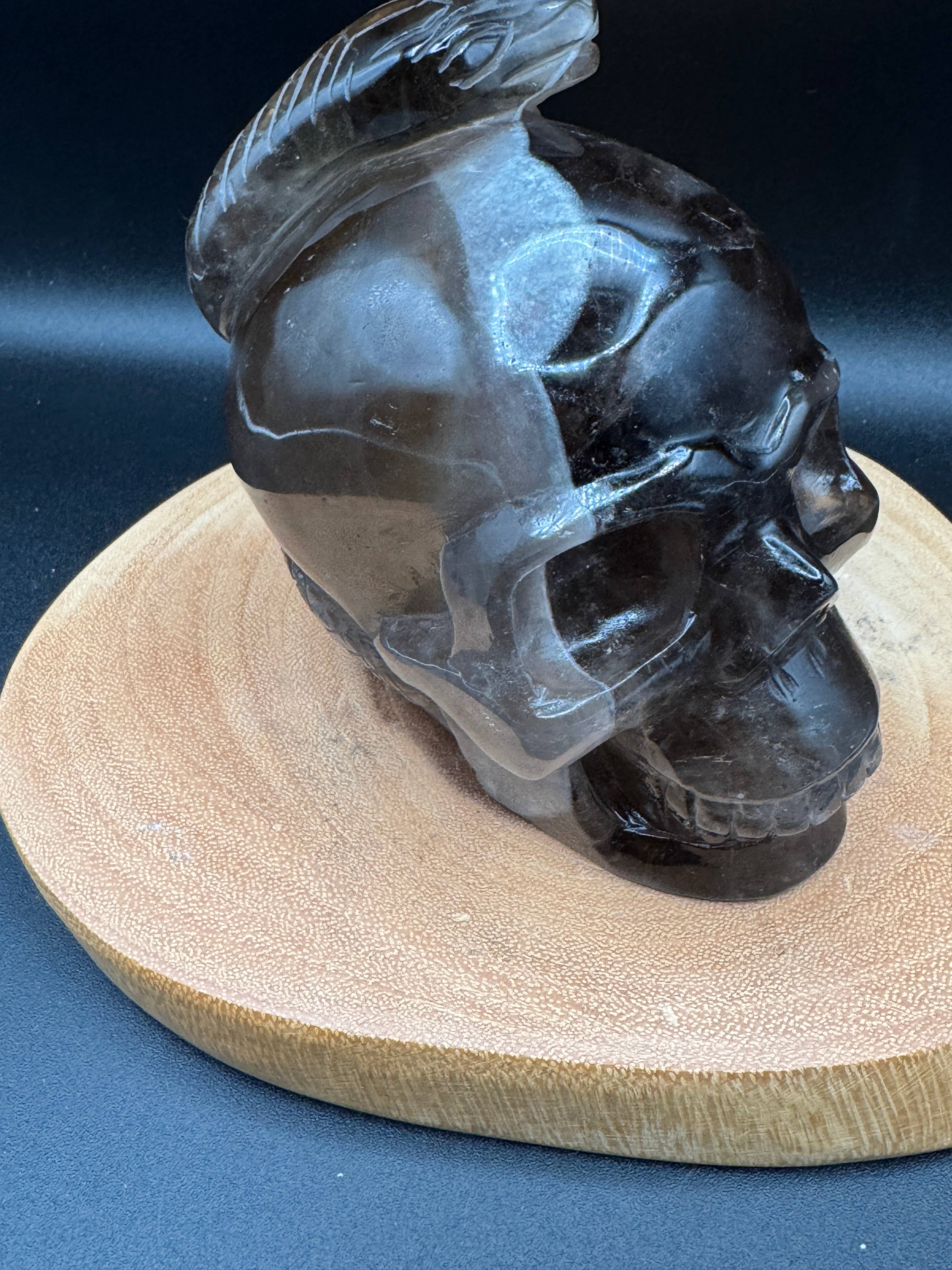 The 7 Directions - Wholesale Spiritual Stone/Crystal - 3.9 lb Unique Smoky skull w/ snake carving H368