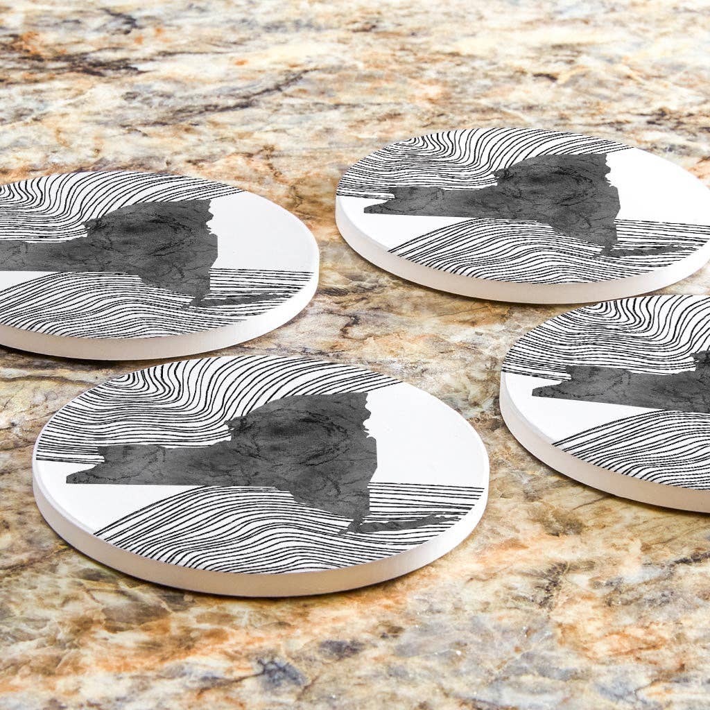 Love Local - Wholesale Coasters - Minimalistic B&W New York State With Fluid Lines | Absorbent Coasters | Set of 4 | Min 26