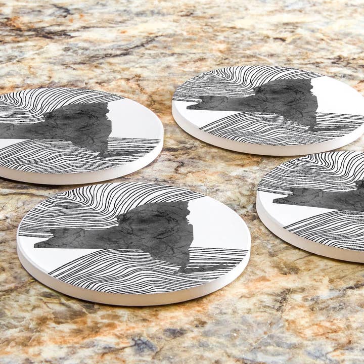Love Local - Wholesale Coasters - Minimalistic B&W New York State With Fluid Lines | Absorbent Coasters | Set of 4 | Min 26