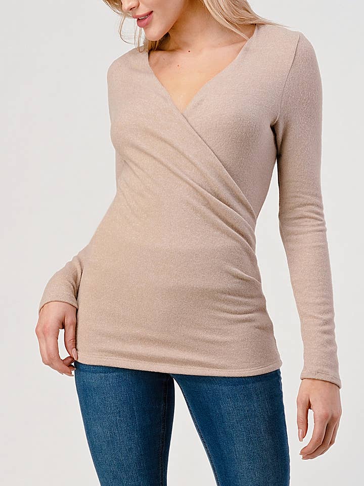 Haut ajusté en tricot brossé à manches longues et surplis, T338 pour la vente par Heimious