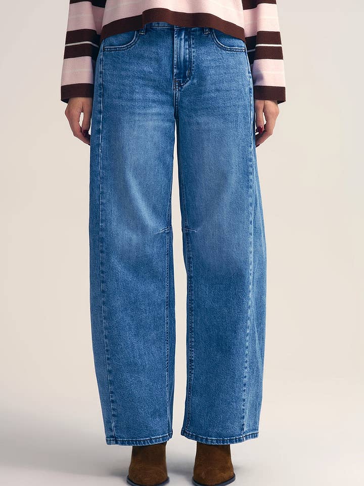 Straight barrel-style jeans with knee stitching detail for wholesale by Q2—All Orders:Free Duties for the US,UK,and Canada
