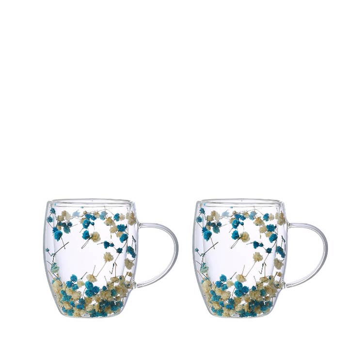 Chávenas de chá de parede dupla com flores azuis e brancas - conjunto de 2 por atacado de AULICA