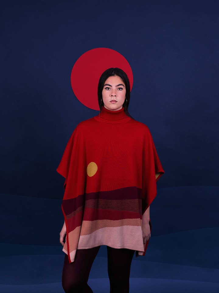 Merino wool poncho landscape day red for wholesale by Magical Crisálida