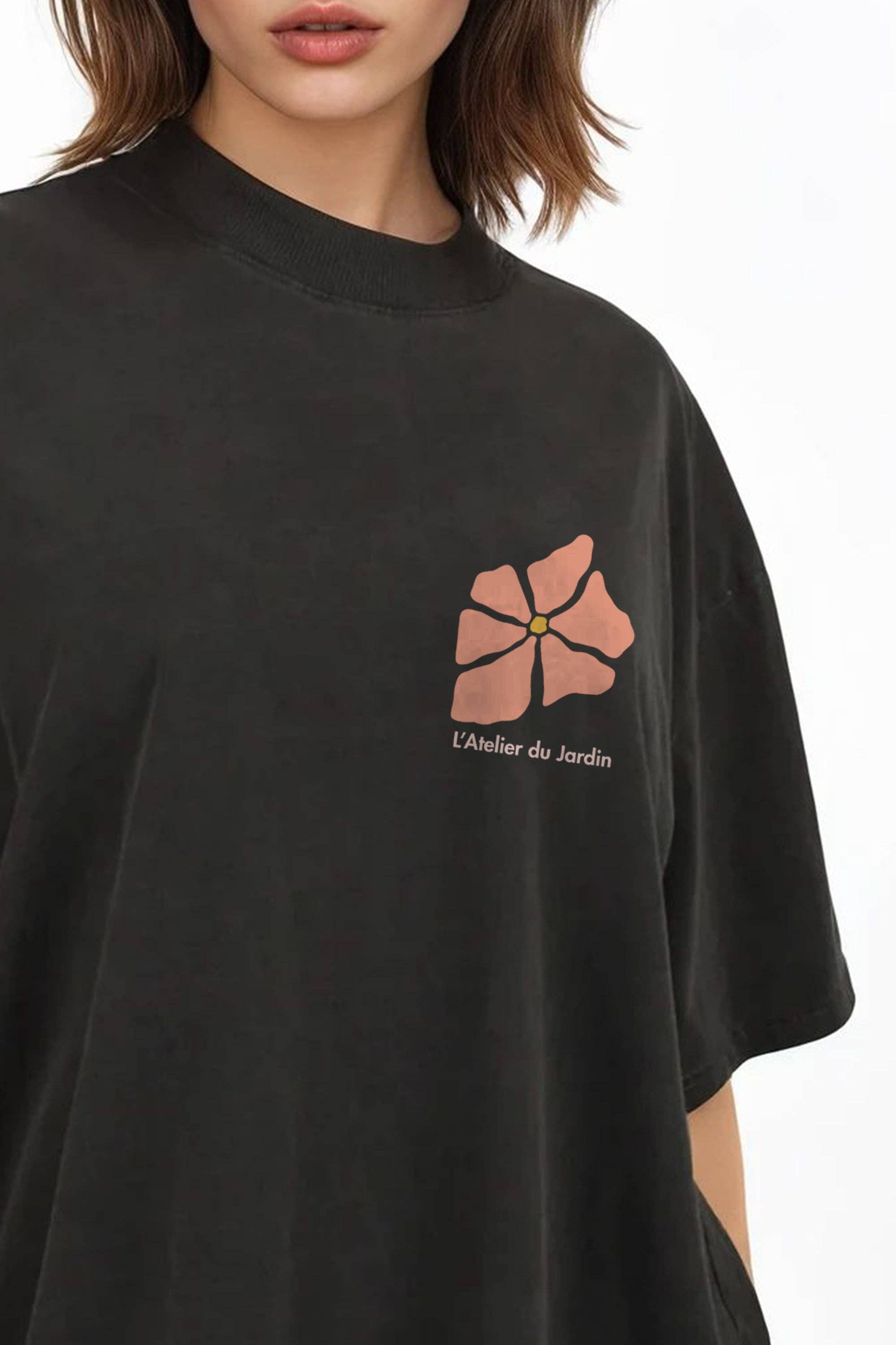 Washed Black 150GSM Oversized T-Shirt in L’Atelier du Jardin Floral Print for wholesale on Faire5
