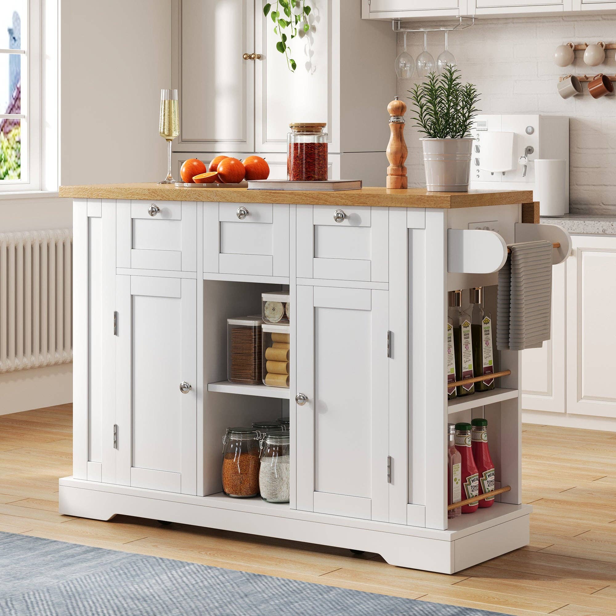 Urban Meuble - Wholesale Kitchen Storage/Organizer - White kitchen island with wood effect, extendable top, storage, and USB ports AMYLOPECT4