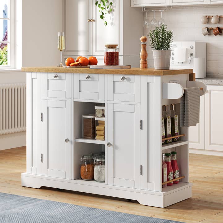 Urban Meuble - Wholesale Kitchen Storage/Organizer - White kitchen island with wood effect, extendable top, storage, and USB ports AMYLOPECT4