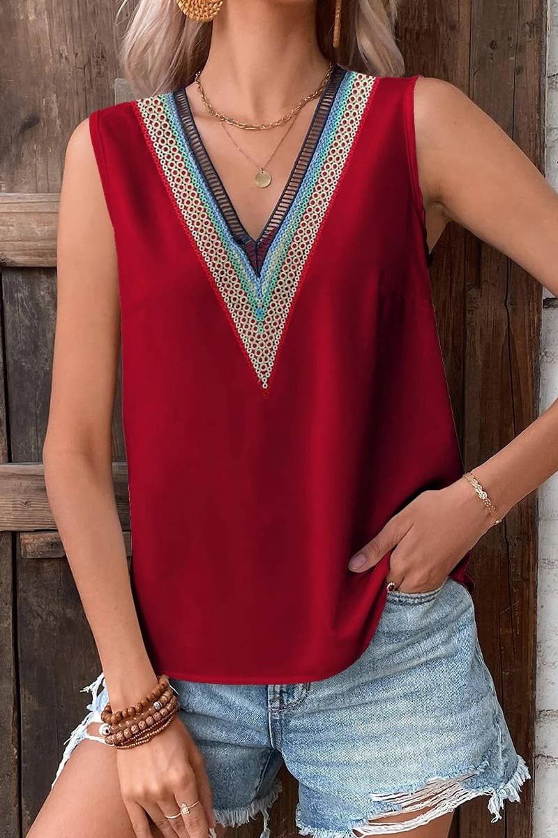 Lily Clothing - Wholesale Blouse - Women's - MULTICOLOR LACE V NECK SLEEVELESS BLOUSE_CWTBLSL002514