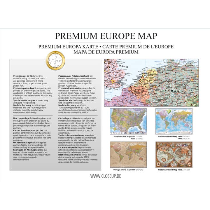 Close Up GmbH - Venta al por mayor Puzle - Adultos - Puzle con el mapa de Europa, 2000 piezas, inglés, 96,6 x 68,8 cm