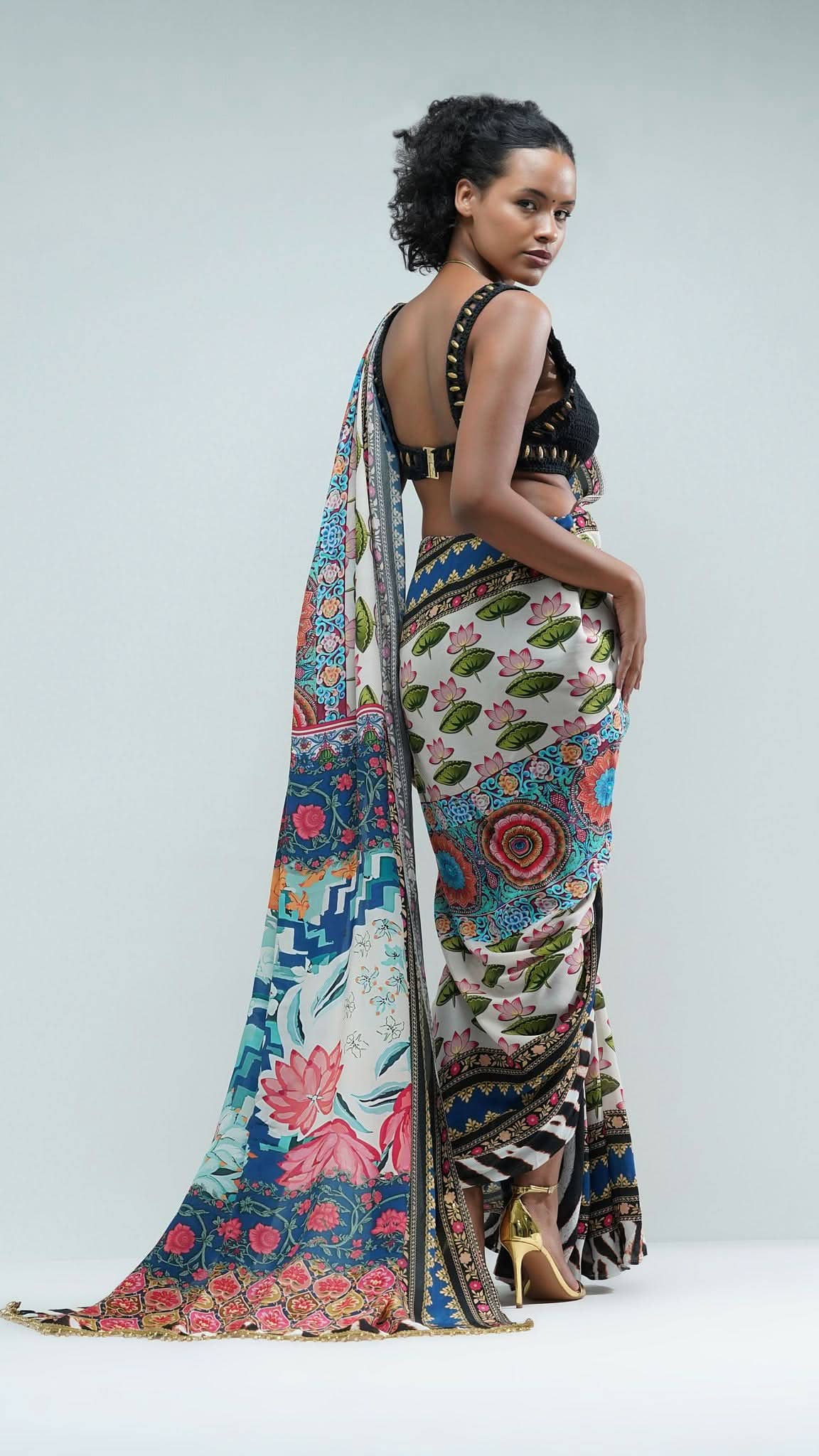 Black Nesavaali Tamarai Pre-Stitched Printed Saree - A Tribute to Tradition for wholesale on Faire1