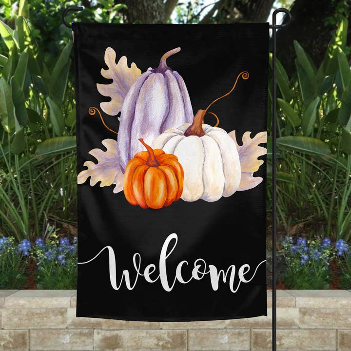 Garden Flag - Welcome Black Three Pumpkins Fall Thanksgiving for wholesale by The Spotted Zebras