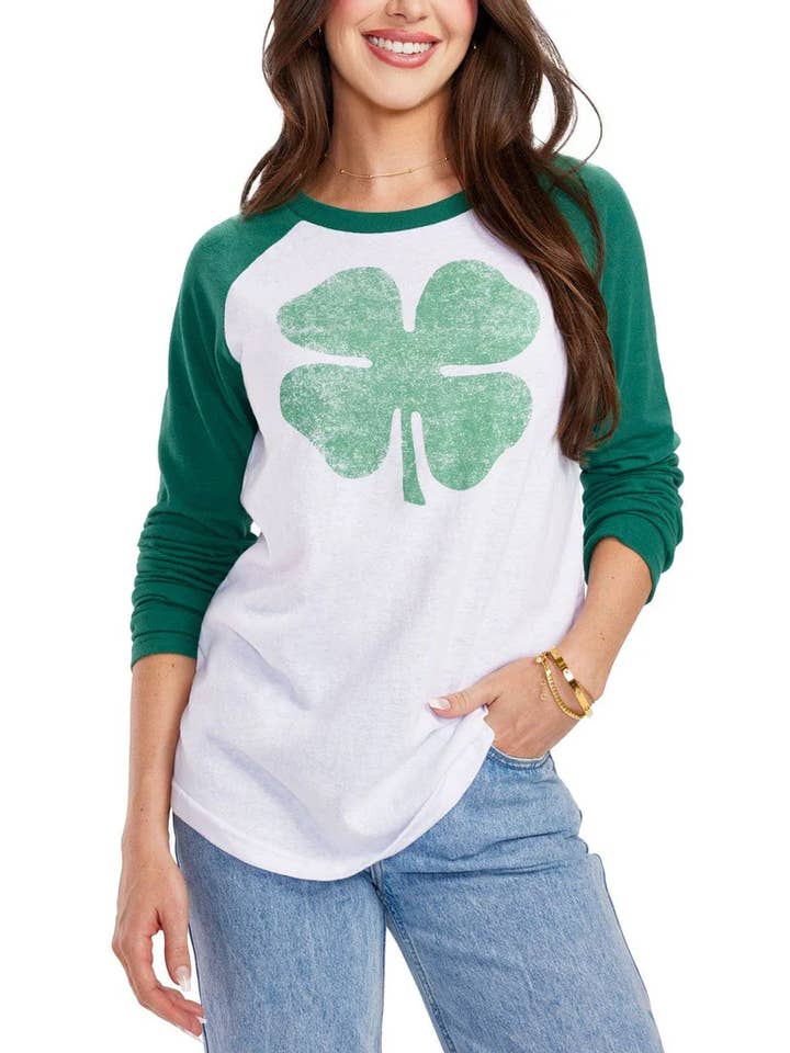 Tipsy Elves - Vendita all'ingrosso Maglietta serigrafata - Donna - Maglietta Raglan Quadrifoglio Fortunato - T-shirt da Donna per il Giorno di San Patrizio0