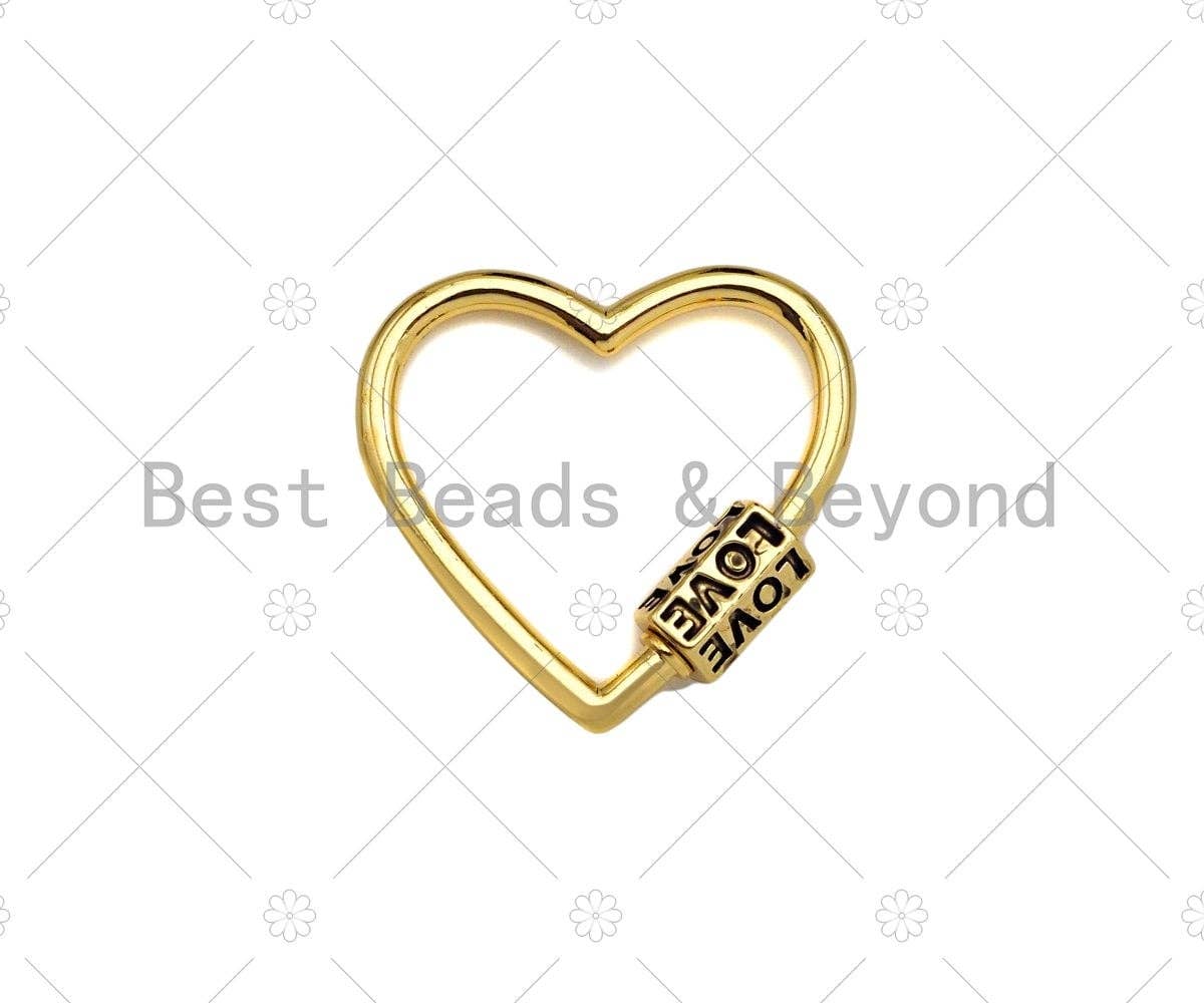 BestBeads&Beyond - Wholesale Clasp - 18K Gold Love Word On Heart Shape Screw Clasp, Heart Connector, Gold Carabiner Clasp,30x29mm, Sku#K1721