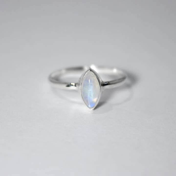 Rainbow Moonstone Marquise Solitaire Cab Sterling Silver Rin for wholesale by Bentley & Lo