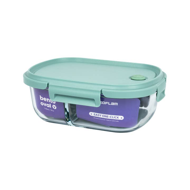 Neoflam - Wholesale Food Storage Container - Oval Bento Glass 37oz Food Storage with Divider - Blue Lid, Vent