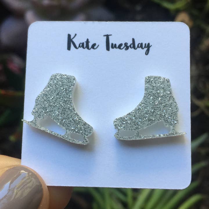 Silver Ice Skate Stud Acrylic Earrings for wholesale by Kate Tuesday Jewelry