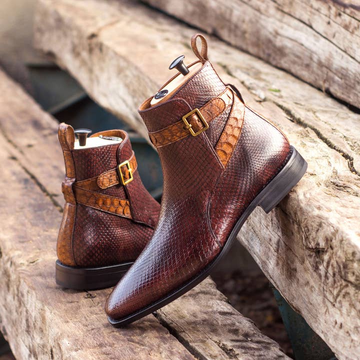 Botas Jodhpur en forma de pitón exótico de Rohan para hombre en burdeos y marrón para venta al por mayor de DapperFam