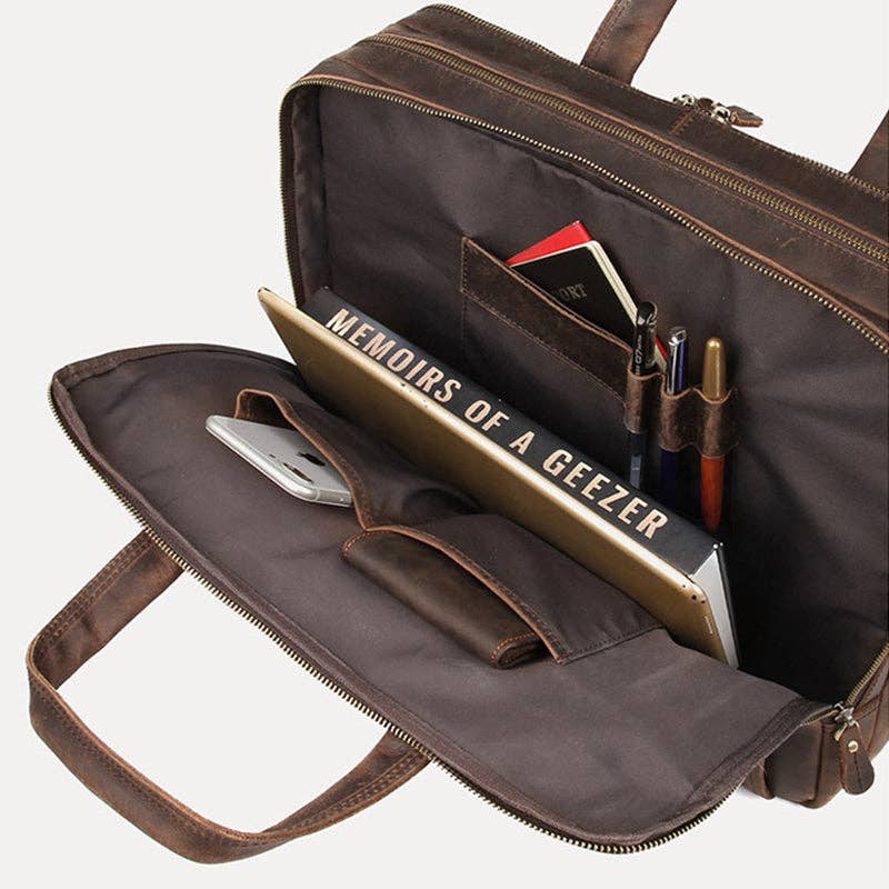 Marrón oscuro Maletín de piel Crazy Horse, bandolera de piel de alta calidad, grande, para hombre de venta al por mayor en Faire7