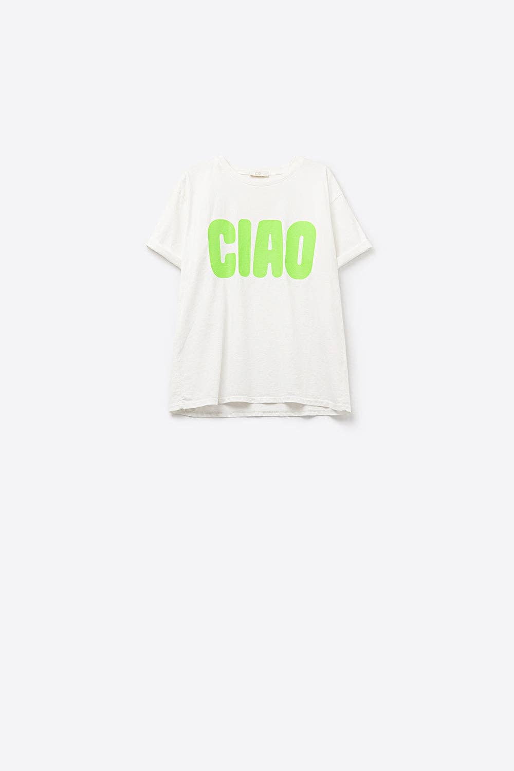 White Relaxed CIAO T-Shirt With Green Letters for wholesale on Faire4