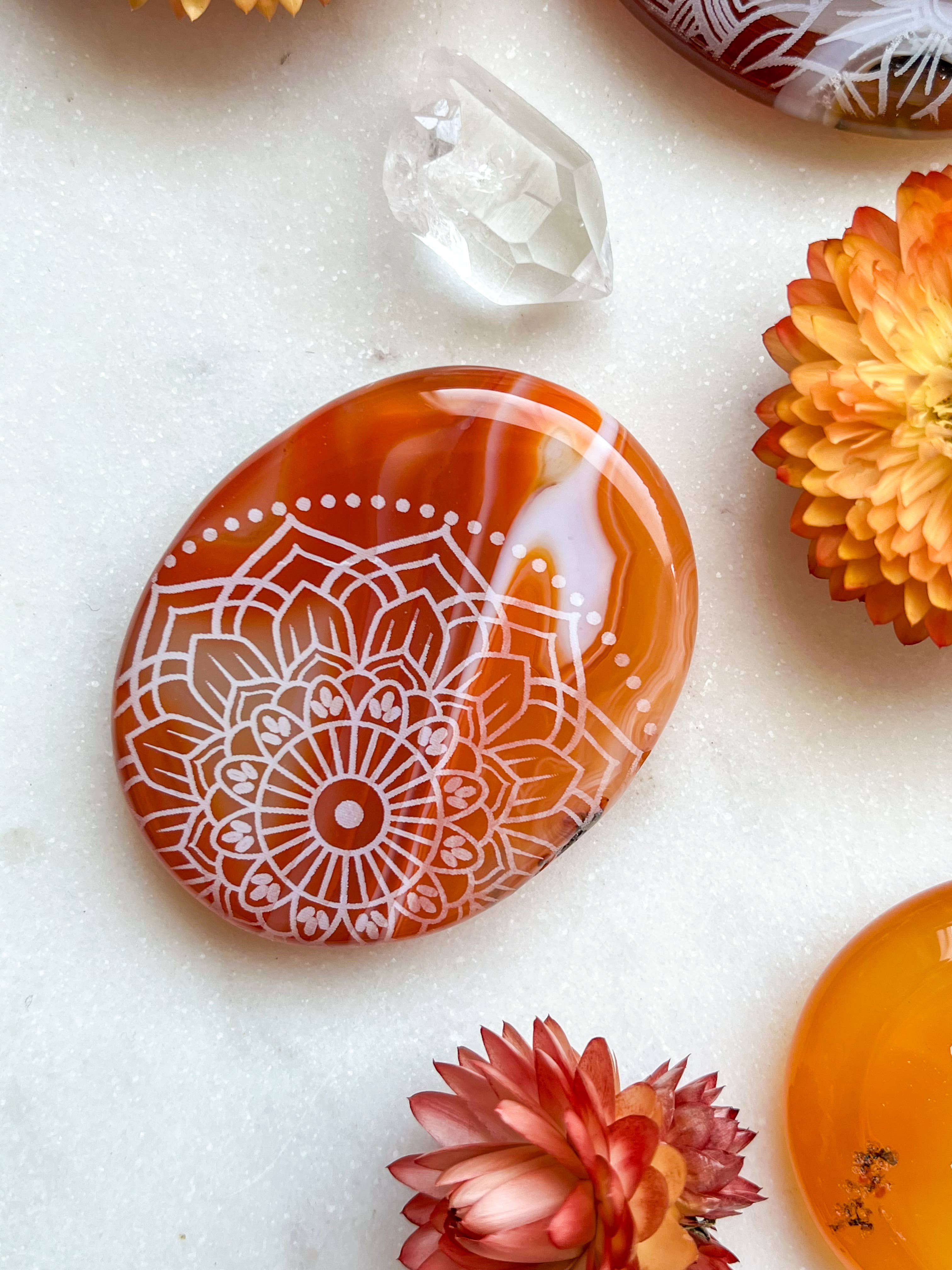 Fractalista Designs - Wholesale Spiritual Stone/Crystal - Etched Carnelian Worry Stone palmstone - Assorted Mandalas2