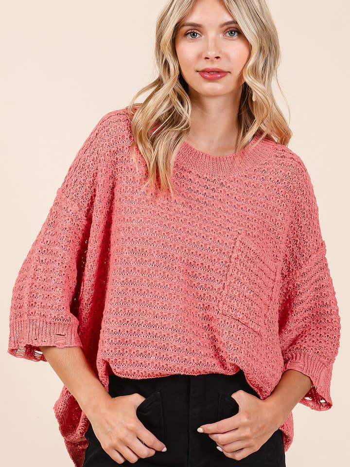 DISTRESSED HEM SHORT SLEEVE LOOSE SWEATER KNIT TOP for wholesale by mittoshop