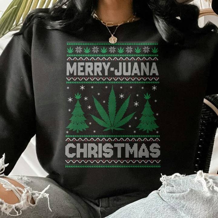PositiveParty - Wholesale Graphic Sweatshirt - Women's - Merry-Juana Ugly Christmas Sweater, Marijuana Lover, Xmas3