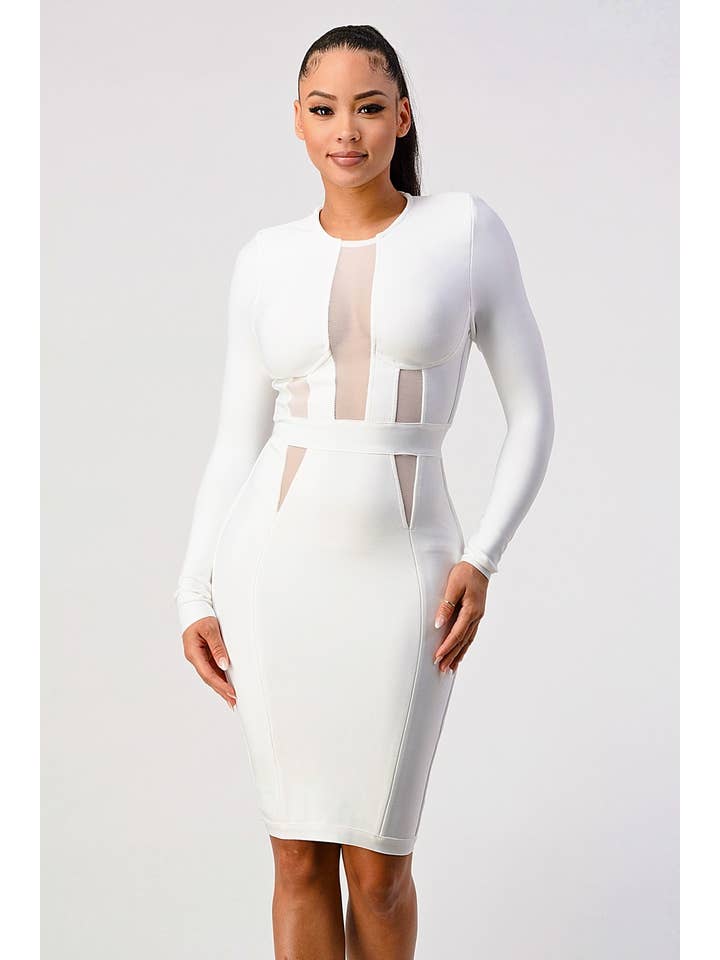 Athina Collection - Venta al por mayor Vestido - Mujer - Vestido de vendaje clásico de manga larga con contraste de malla - Blanco