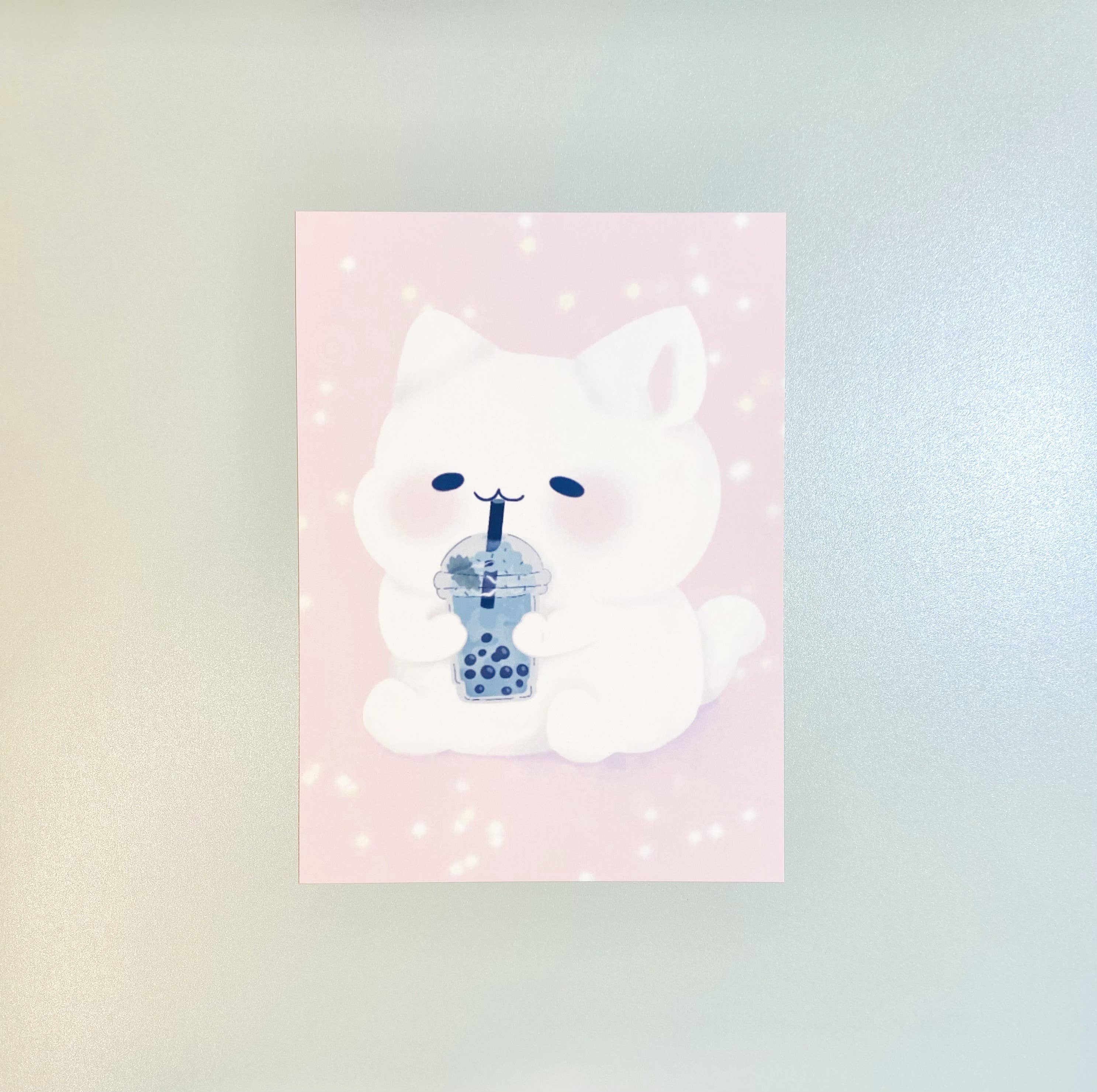 bJenuineCo - Vente Affiche d'art - Impression artistique de chat kawaii mignon et de boba vert3