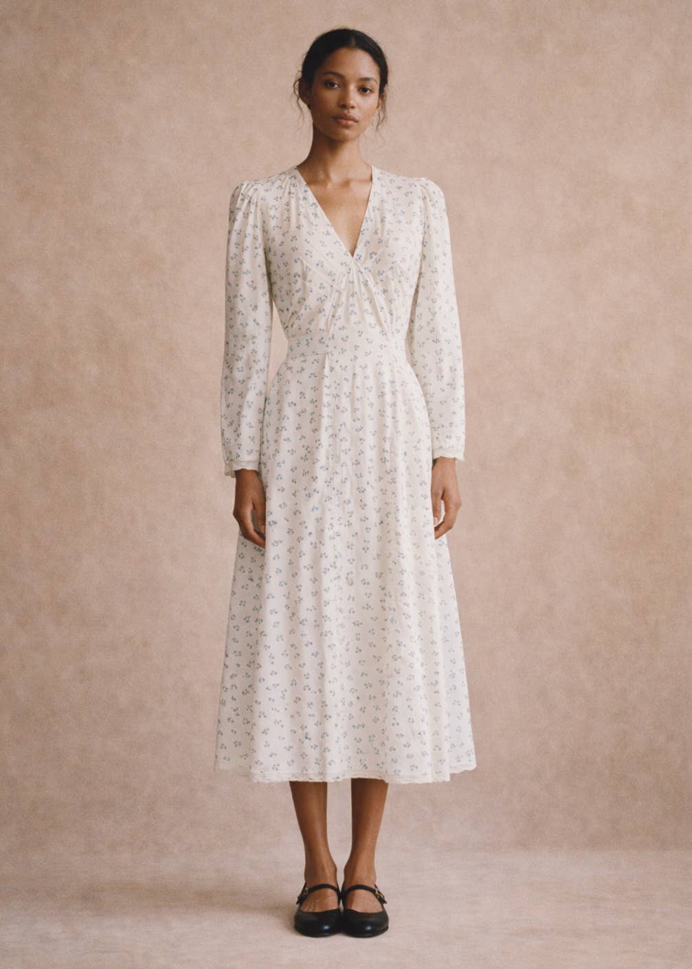 Atèlette - Wholesale Dress - Women's - White Blue Ditsy Floral Cotton Midi Dress - Emmeline Dress