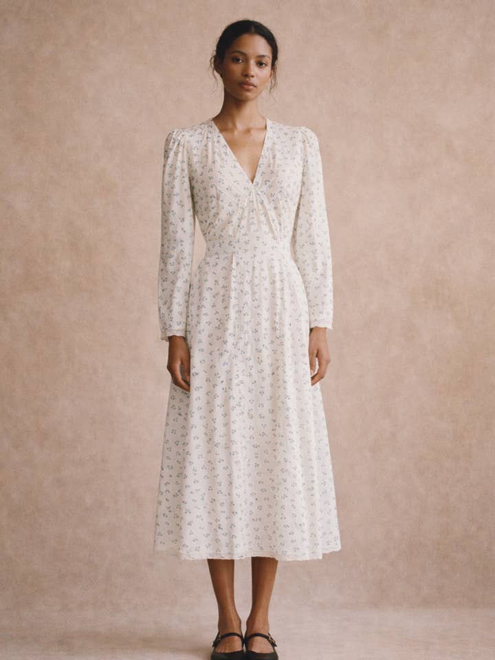 Atèlette - Wholesale Dress - Women's - White Blue Ditsy Floral Cotton Midi Dress - Emmeline Dress0