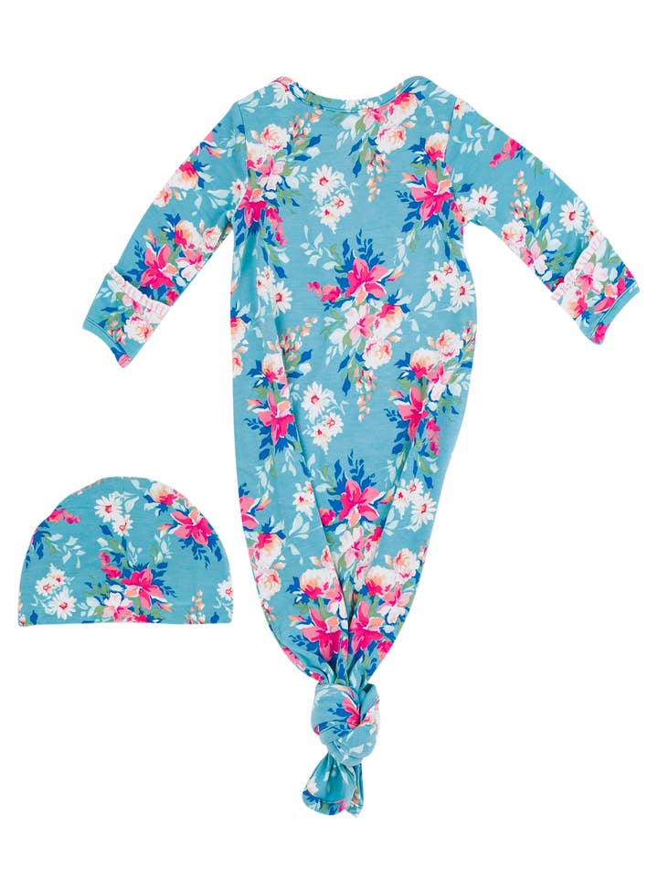 Blue Baby Girls Fancy Me Floral Bamboo Viscose Knotted Ruffle Gown & Hat Set
for wholesale on Faire