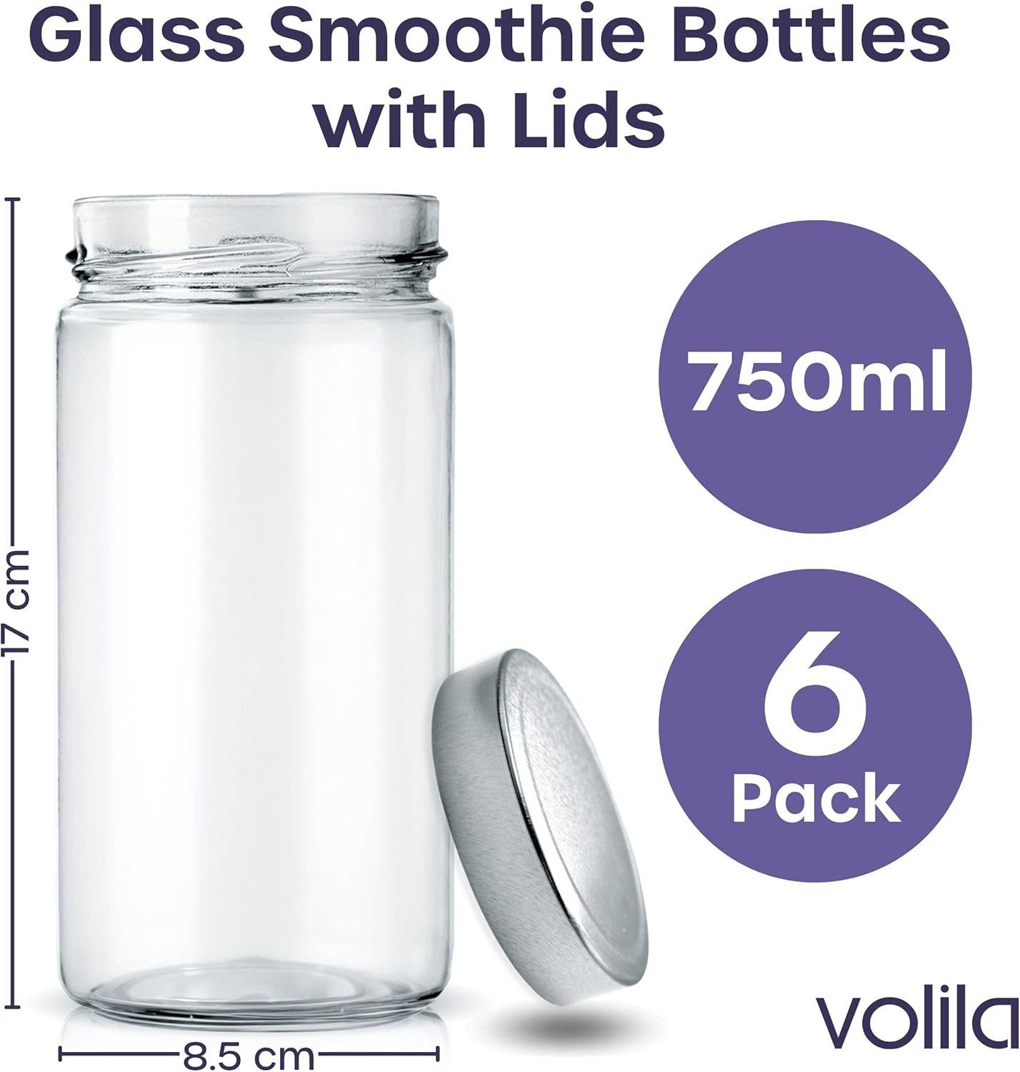 Jara Trading – wholesale Jar – Glass Mason Jars with Lids 750ml - 6 Pack, Leakproof Glass Bottles with Lids for Airtight Seal, Drinking Bottle Ideal for Smoothies, Milkshakes, Sauces, Food Storage, Juices, Beverages, Infused Water1