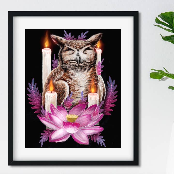 8"x10" Art Print | Great Horned Owl with a Lotus Flower for wholesale by Joyseeker Tarot
