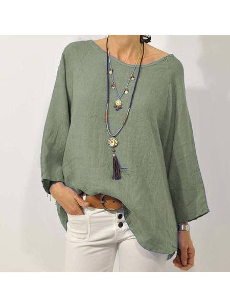 pinkblu02 - Wholesale Blouse - Women's - Plus Size Casual Solid Color Cotton Linen Blouse
