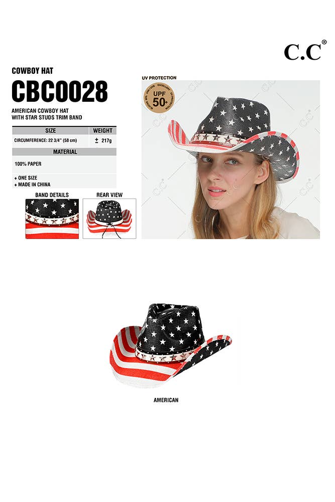 Hana - Wholesale Cowboy Hat - Women's - C.C Star Studs Trim Band American Flag Cowboy Hat1