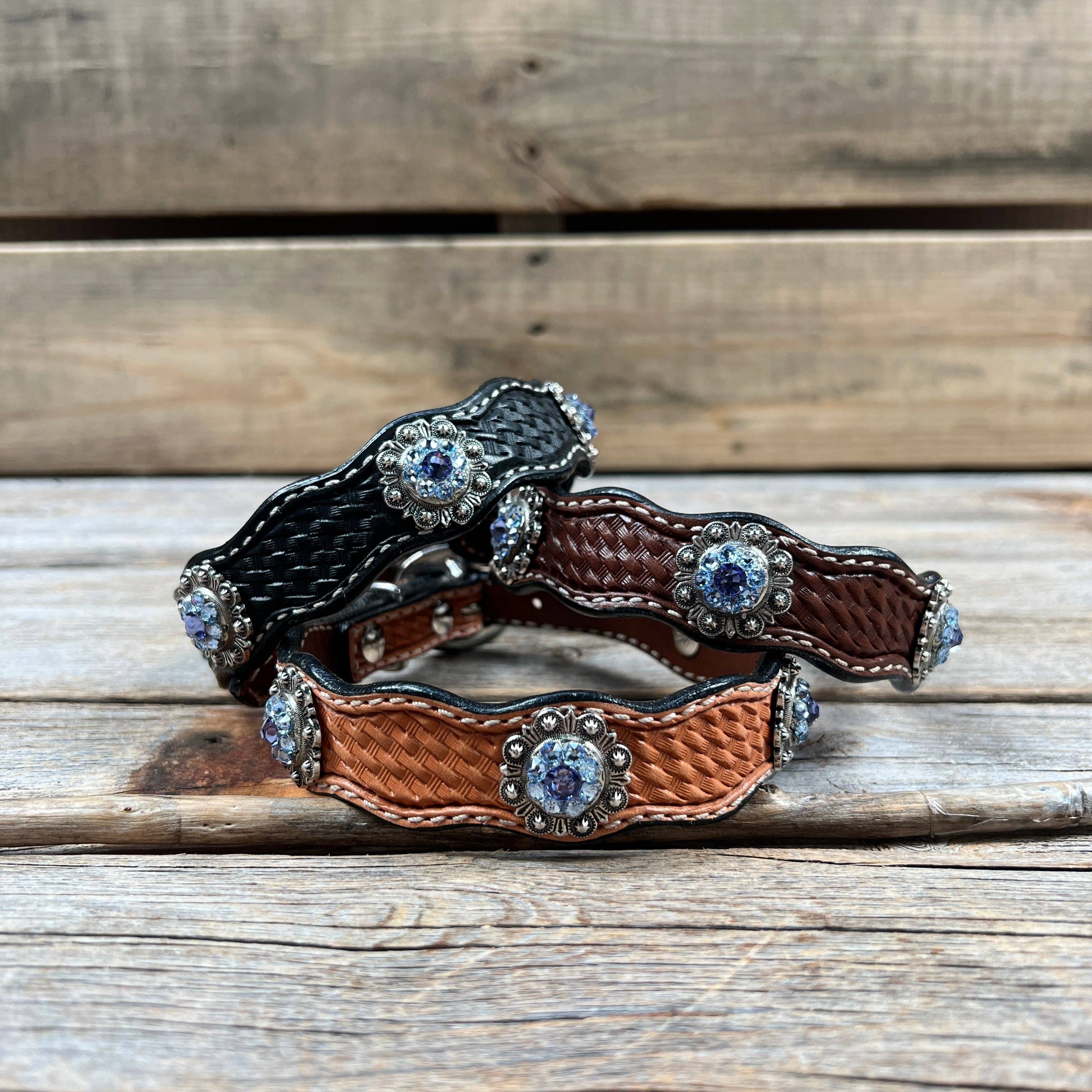 Rodeo Drive - Wholesale Horseback Riding Gear - Leather Dog Collar With Antique Silver Lilac and Light Sapphire Conchos 10" to 22" -DC503