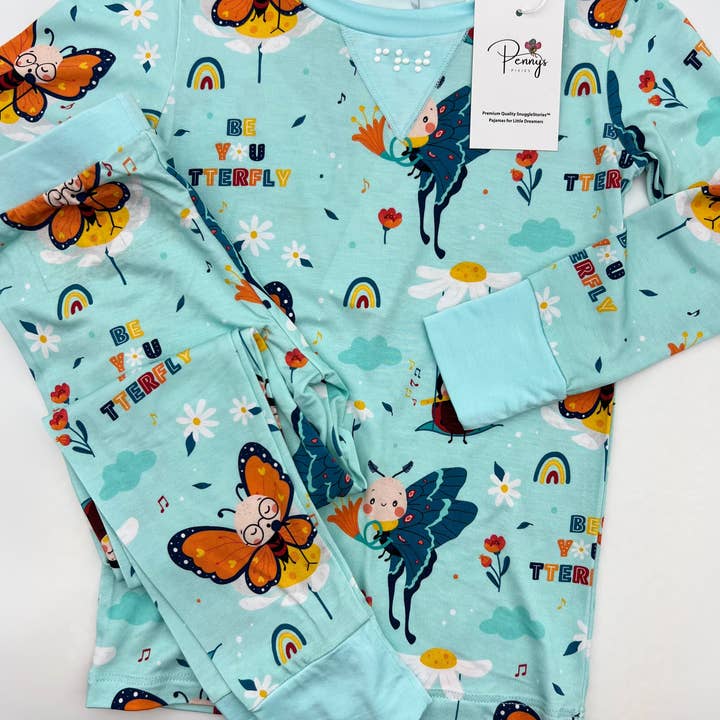 Bodhi the Butterfly | Blue Kids Bamboo Pajamas for wholesale by Penny’s Pixies Kids Pajamas