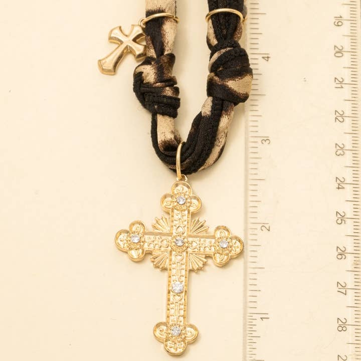 WG Cross Pendant And Charms Leopard Bandana Necklace for wholesale on Faire1