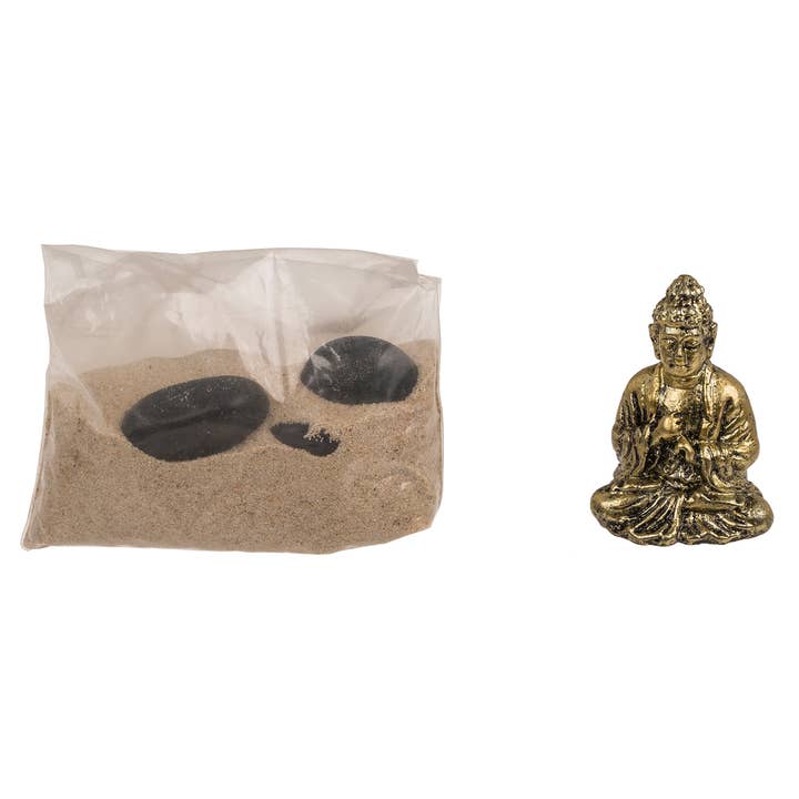 Wurm - Wholesale Gag Gift/Novelty Gift - Mini Zen Garden Set, plastic tray in 9x7.5cm, with Buddha figure, stones, sand, and plastic rake, 12 pieces in display9