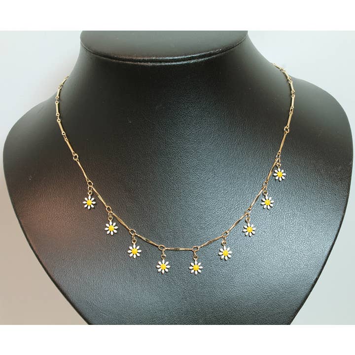 Gold Tone Link Necklace With White & Yellow Daisy Charms for wholesale by Western Counties Wholesale